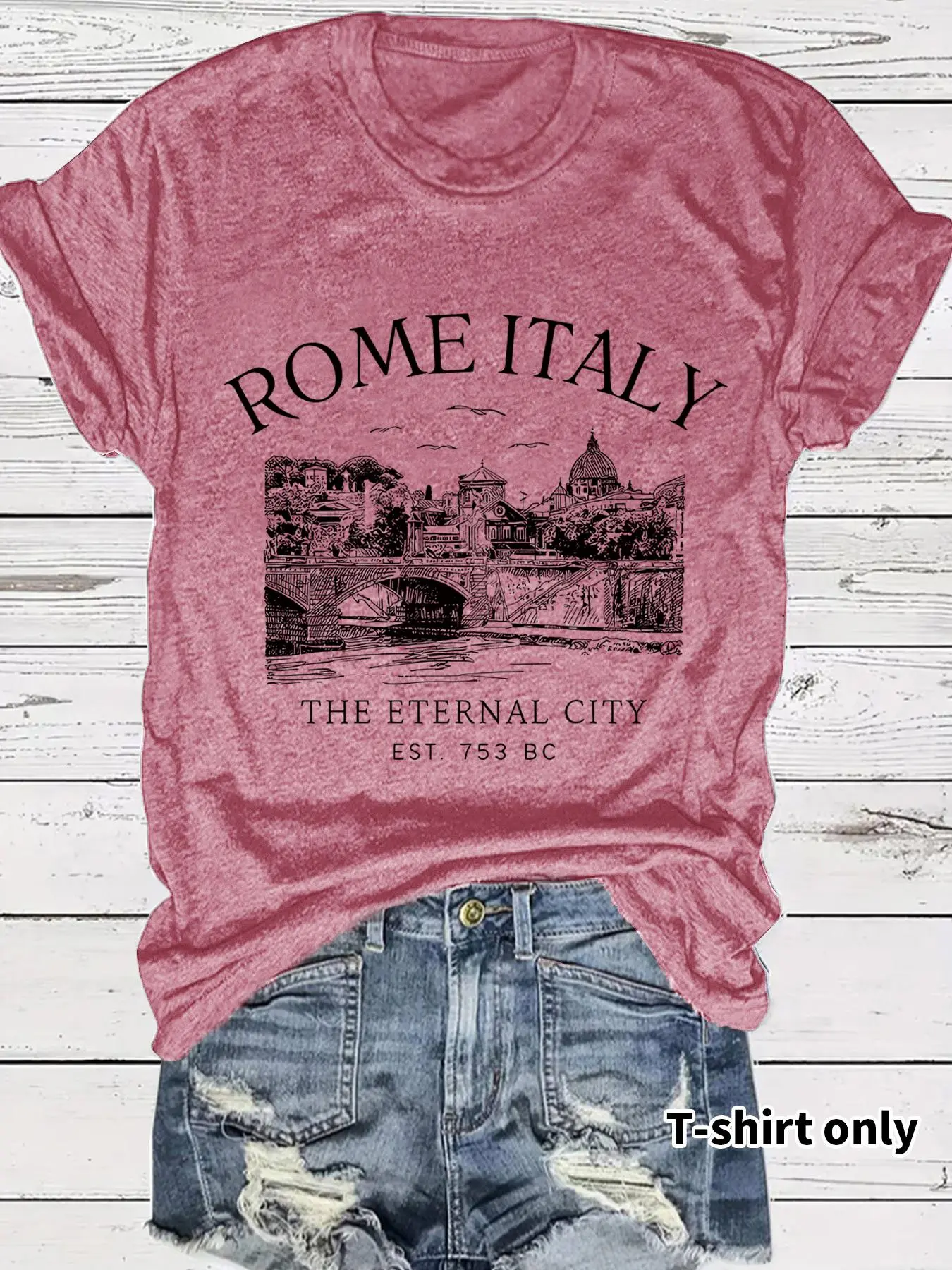 Women's Rome Italy City Print Round Neck Tee, Casual Short Sleeve T-shirt for Daily Wear, Ladies Clothes for Spring & Summer, Top