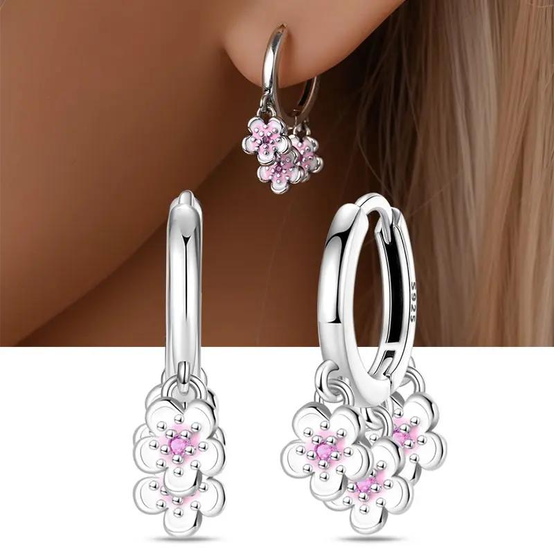 Women's 925 Sterling Silver 925 Stamp Bejeweled Flower Cluster Dangle Huggie Mini Hoop Earrings for Sensitive Ears, Wedding Occasions