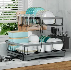 7 Code Large Dish Drying Rack for Kitchen Counter, Detachable Large Capacity Dish Drainer Organizer, 2-Tier Dish Racks with Utensil Holder, Black 7 code