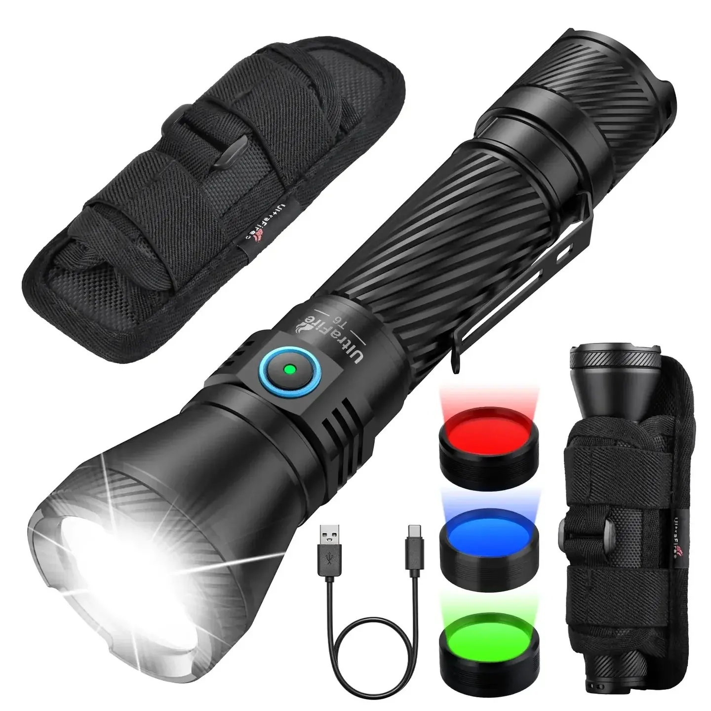 UltraFire T6 Tactical Rechargeable Flashlight, 1800 High Lumen LED, IPX-8 Waterproof & Drop-Resistant Body with Long-Life Cells & USB-C Port, Includes 3 Color Filters for Hunting, High Lumen Flashlights, Led Flashlight Rechargeable