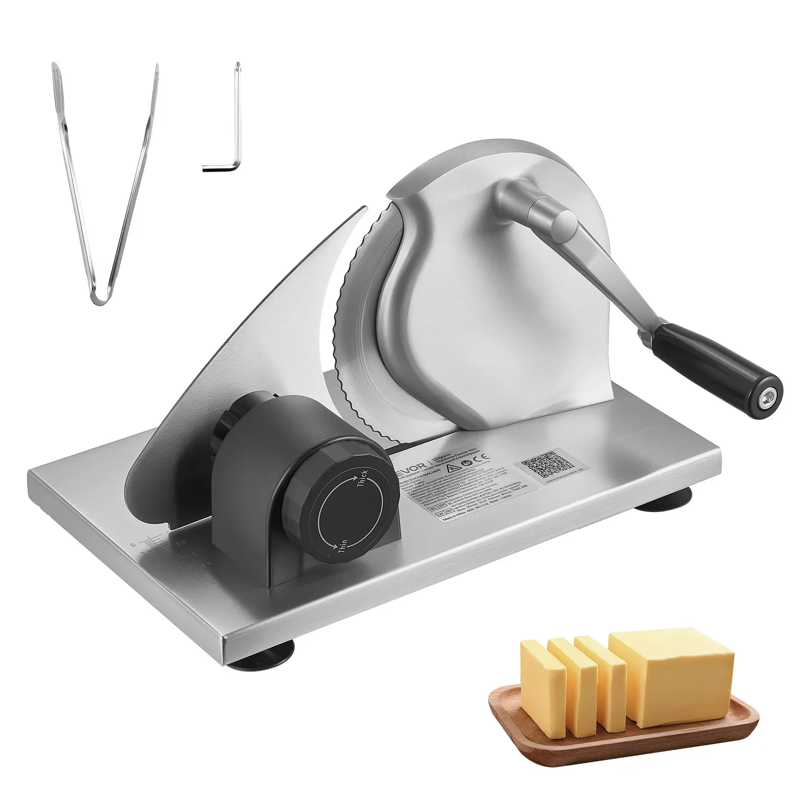 VEVOR Manual Crank Bread Slicer with Clamp & Suction Base, 0-0.6" Adjustable Thickness Cheese Cutter, Serrated Stainless Steel Blade Kitchen Utensils for Home/Party