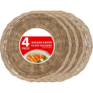 10-Inch Bamboo Paper Plate Holder (4 Count) - Heavy Duty Wicker Reusable Natural Charger Plates Lightweight Sturdy