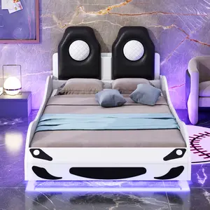 Bellemave Solid Wood Twin-Size Race Car-Shaped Storage Platform Bed Frame - Illuminated Day Bed Frame with LED Lighting, Upholstered Backrest, Furniture for Bedroom
