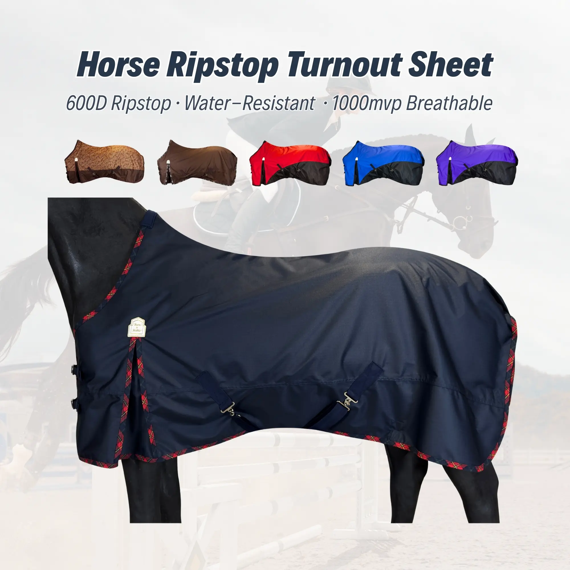600D Ripstop Lightweight Horse Turnout Sheet No Fill,Water-Resistant & Breathable Horse Blanket for Spring and Mild Weather, with Anti-Rub Fleece Withers