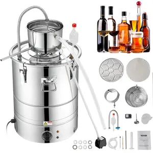 【DealsForYouDays】VEVOR Alcohol Still, 15 Gal 50L Water Alcohol Distiller, Home Distillery Kit include Stainless Steel Tube & Pump & One-way Exhaust Valve & Thermometer (30-120℃ ) for DIY Whisky Wine Brandy, Silver