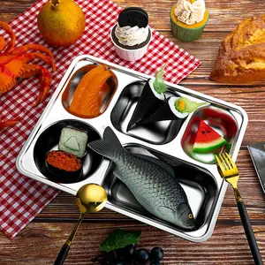 4pcs Deep Stainless Steel Divided Plates, Rectangular Portion Control Dishes with 5 Compartments, Bento Box Tableware, Ideal for Lunch Dinner Camping