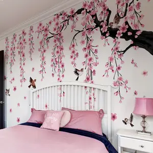 A set of 4 pieces (30*90cm*4pcs) creative pink peach blossom tree, bird and falling flower bathtub stickers Wall Decal, suitable for living room, bedroom and bathroom background walls - MS7194-YC