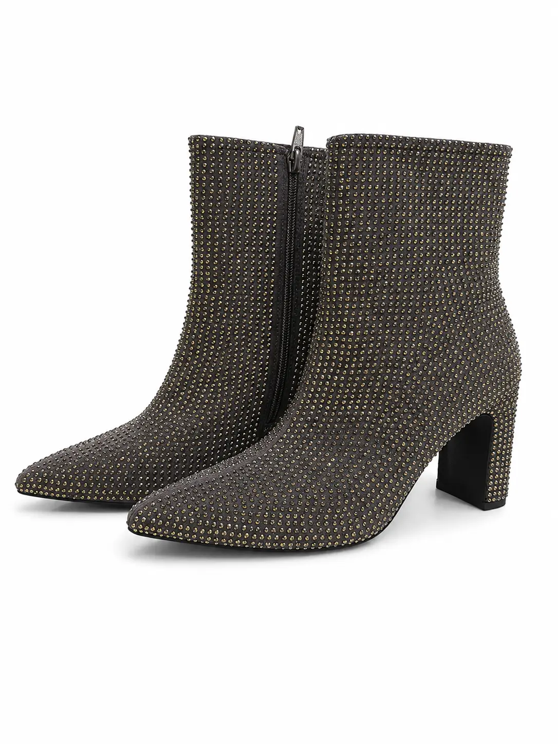 Women's Rhinestone Ankle Boots - Ankle Length, Pointed Toe, Block Heel Booties with Side Zipper for Special Events, Full Coverage