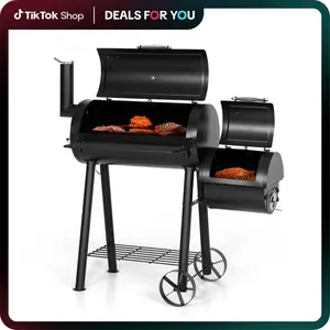 Captiva Designs Heavy Duty Outdoor Smoker, BBQ Charcoal Grill with Offset Smoker, 512 Sq.In. Cooking Area, 49.9x24.9x48.1 Inches, Smokeless Design Portable Modern