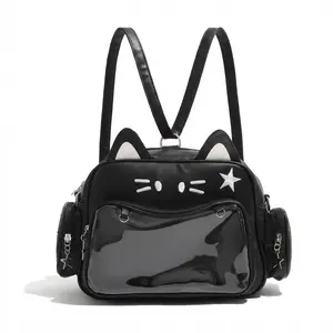 Cat Ita Bag Pin Display Backpack Cute PU Leather Preppy Backpack for Girls with Clear Window, Y2K Ideal for School, Anime Conventions, and Daily Use Valentine's Day Gift TikTokShopJumpstartSale