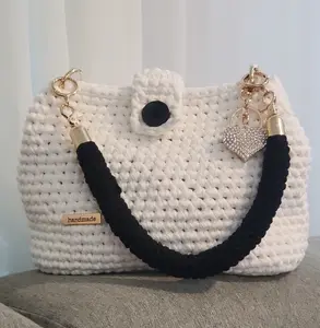 One of a Kind Handmade Crochet Handbag with Braided Top Handle Gold Hardware Lightweight | Black & White | Made to order