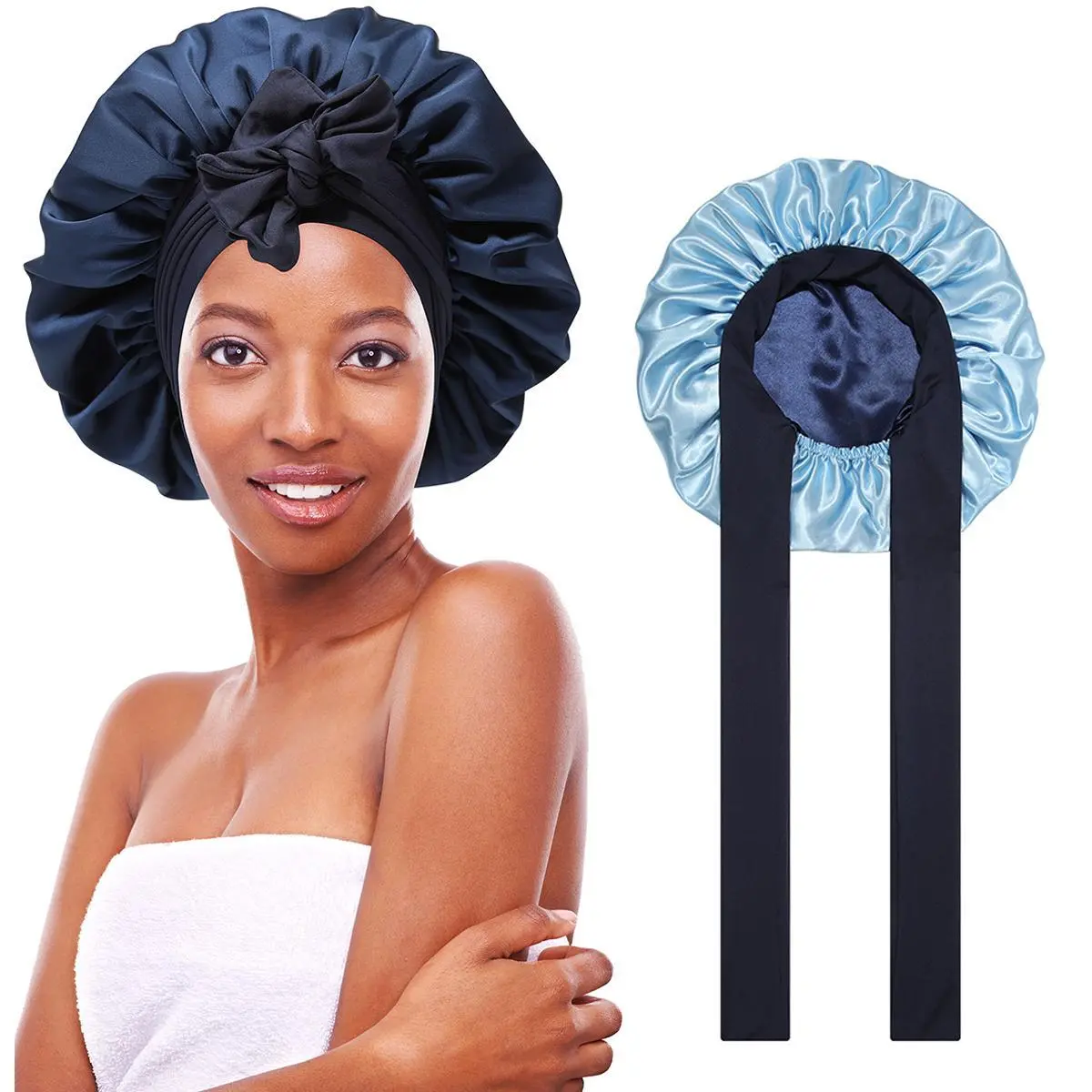 AWAYTR Double Layer Satin Bonnet for Women, Large Reversible Haircare Cap with an Adjustable Tie Band for Sleeping, Bonnets For Sleeping