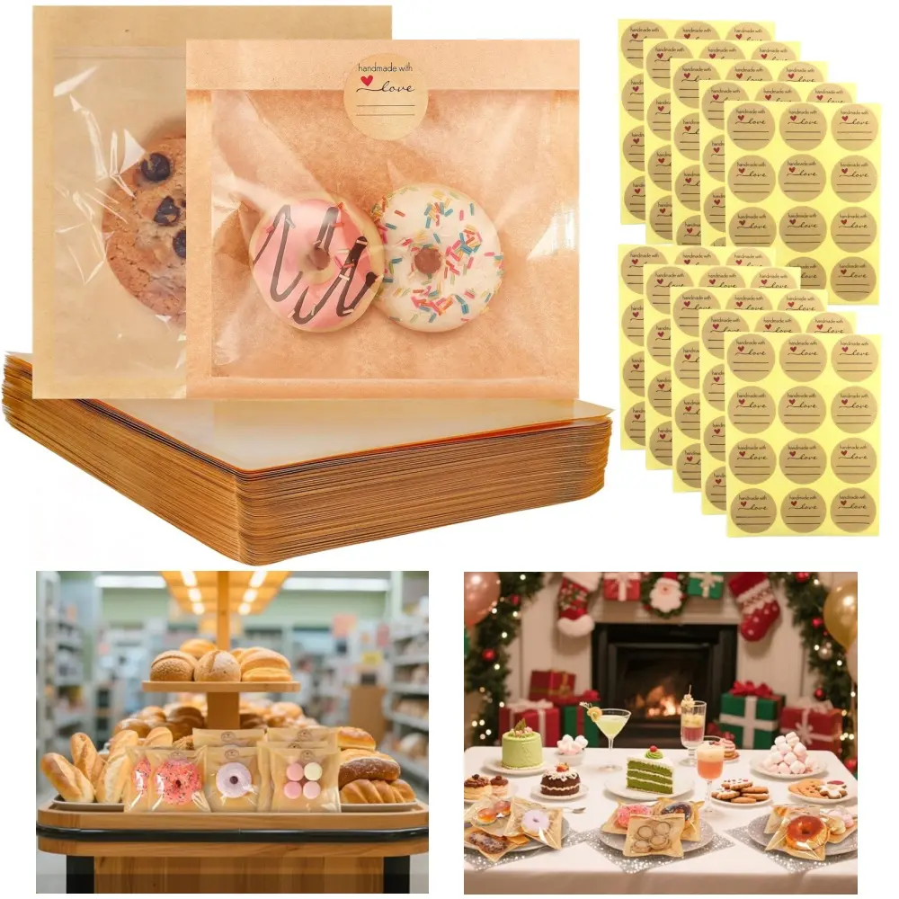 100 pcs Cookie Packaging Bags with Seal Individual Heat Sealable Kraft Bakery Bags Grease Proof Bakery Bag with Window for Gift Giving Donut Bread Sandwich