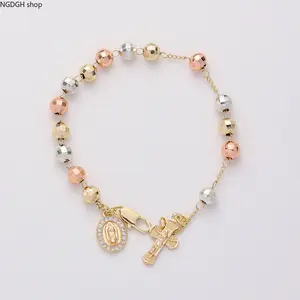 Women's Tri-Tone Faceted Bead Rosary Bracelets, Virgin Mary Charm, Cross Charm, Cubic Zirconia Accents, Adjustable Gold-Plated Chain, Ideal for Everyday Wear & Spiritual Style