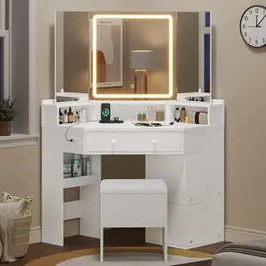 SIKAIC Corner Makeup Vanity Set with Tri-Fold LED Mirror & Stool, White Dressing Table with Storage Drawers