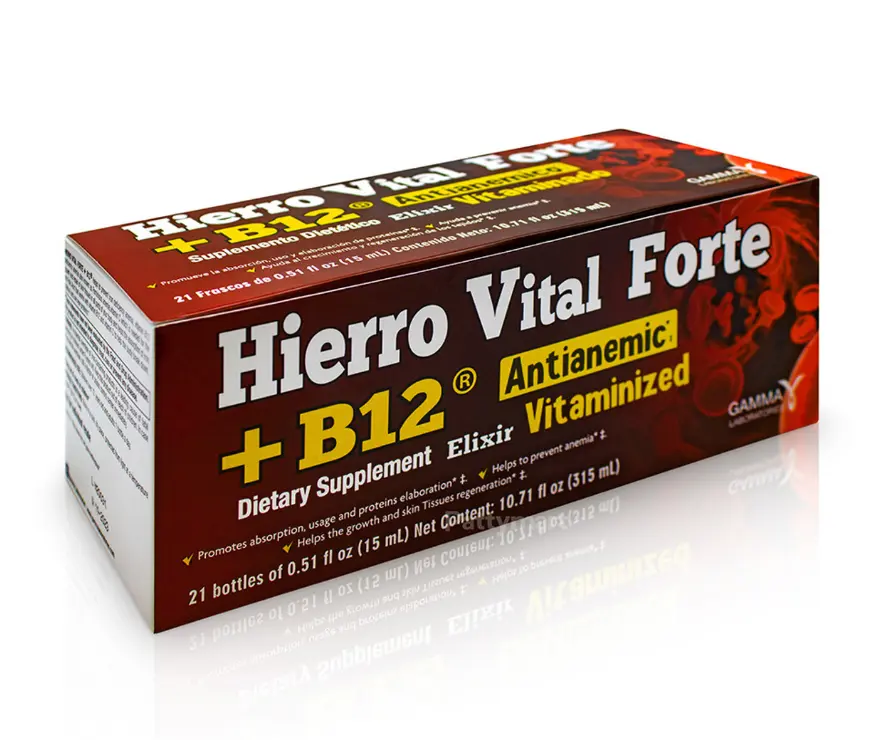 Gamma Hierro Vital Forte+B12 Lactose-Free Dairy-Free Edible Dietary Liquid Supplement Multi-Pack - 21x0.51oz, Boost Iron Levels, Folate & Water-Soluble Natural Ingredients Blend, Immune Support for Adults' Health
