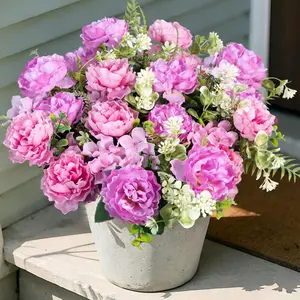 6 Bundles Peonies Artificial Flowers for Outdoors UV Resistant Faux Peony with Hydrangea Fake Flowers Silk Flowers for Outside Front Porch Garden Window Box Decor(Lavender Pink, Purple)
