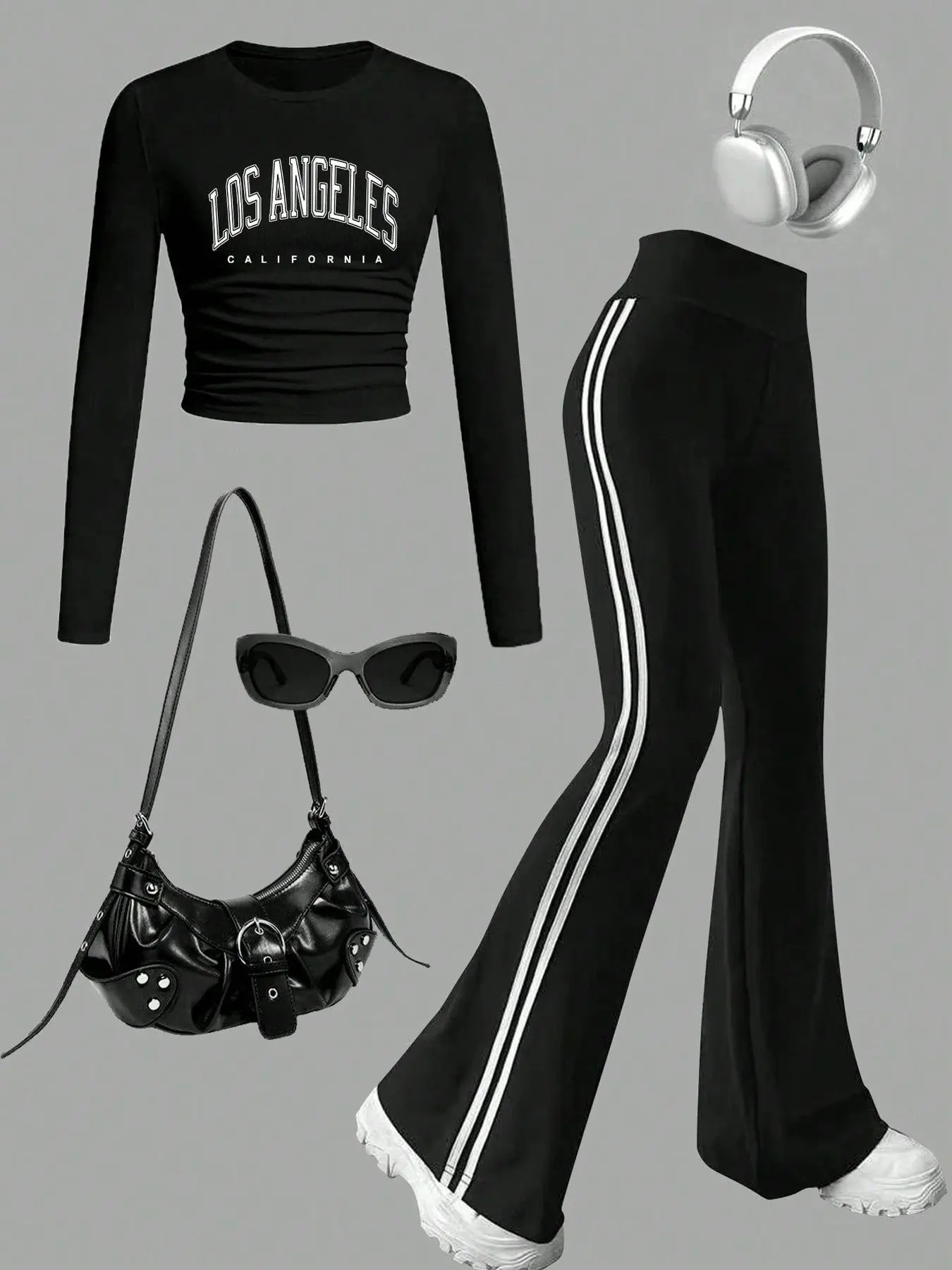 Trendy Retro La 2-Piece Set, Ruched Crop Top Long Sleeve & Double Stripe Flare Pants, Y2K Aesthetic Fashion, Casual Slim-Fitting Suit