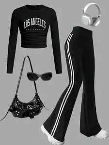 Trendy Retro La 2-Piece Set, Ruched Long Sleeve Crop Top & Double Stripe Flare Pants, Y2K Aesthetic Fashion, Casual Slim-Fitting Suit