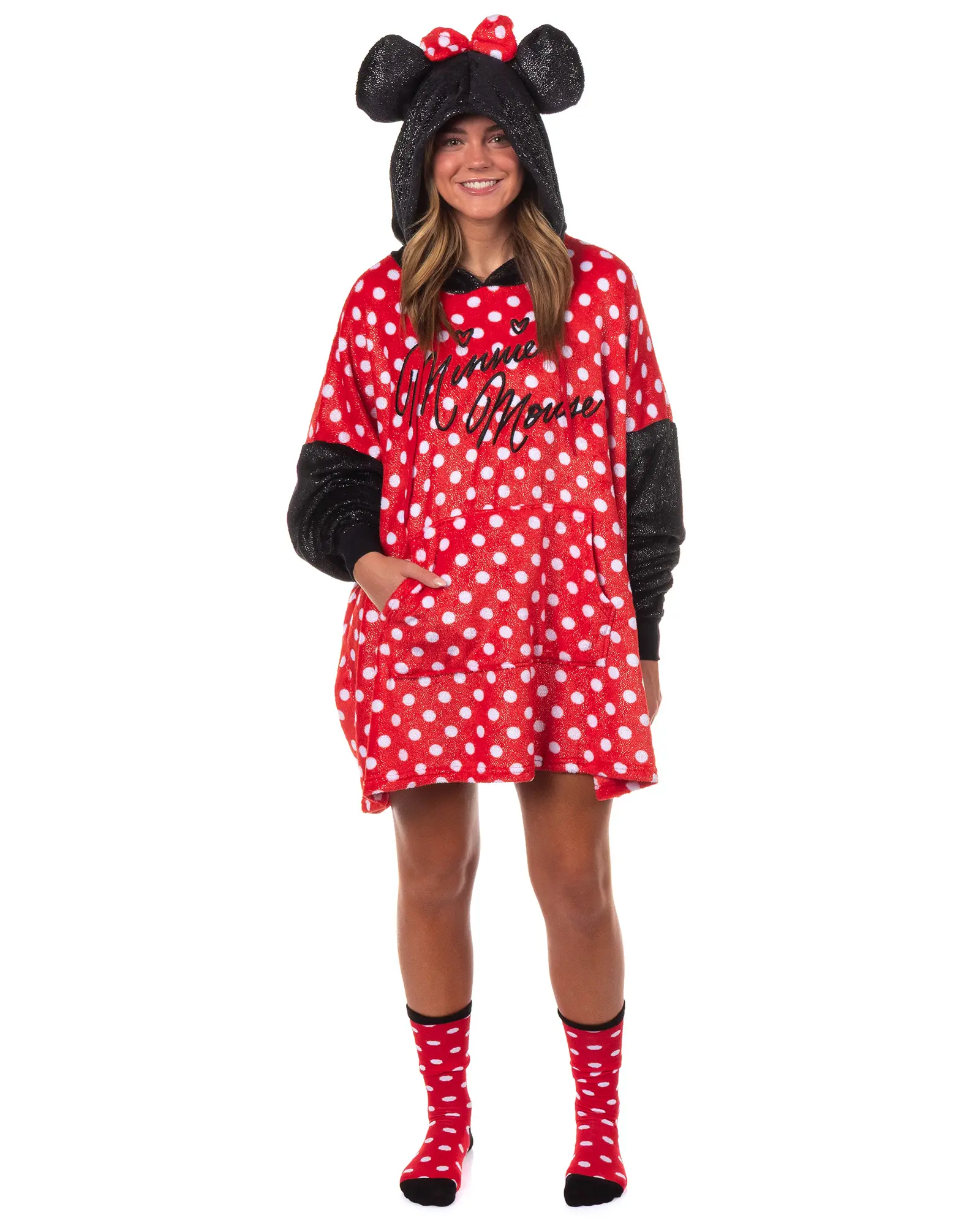 Disney Minnie Mouse Women's Pullover Hooded Plush Fleece Dorm Sleep Shirt with Socks, Casual, Top