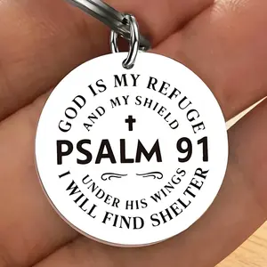 Stainless Steel Inspirational Keychain, Psalm 91 Bible Verse, Round Alphabet Design, Perfect Gift for Birthdays & Holidays