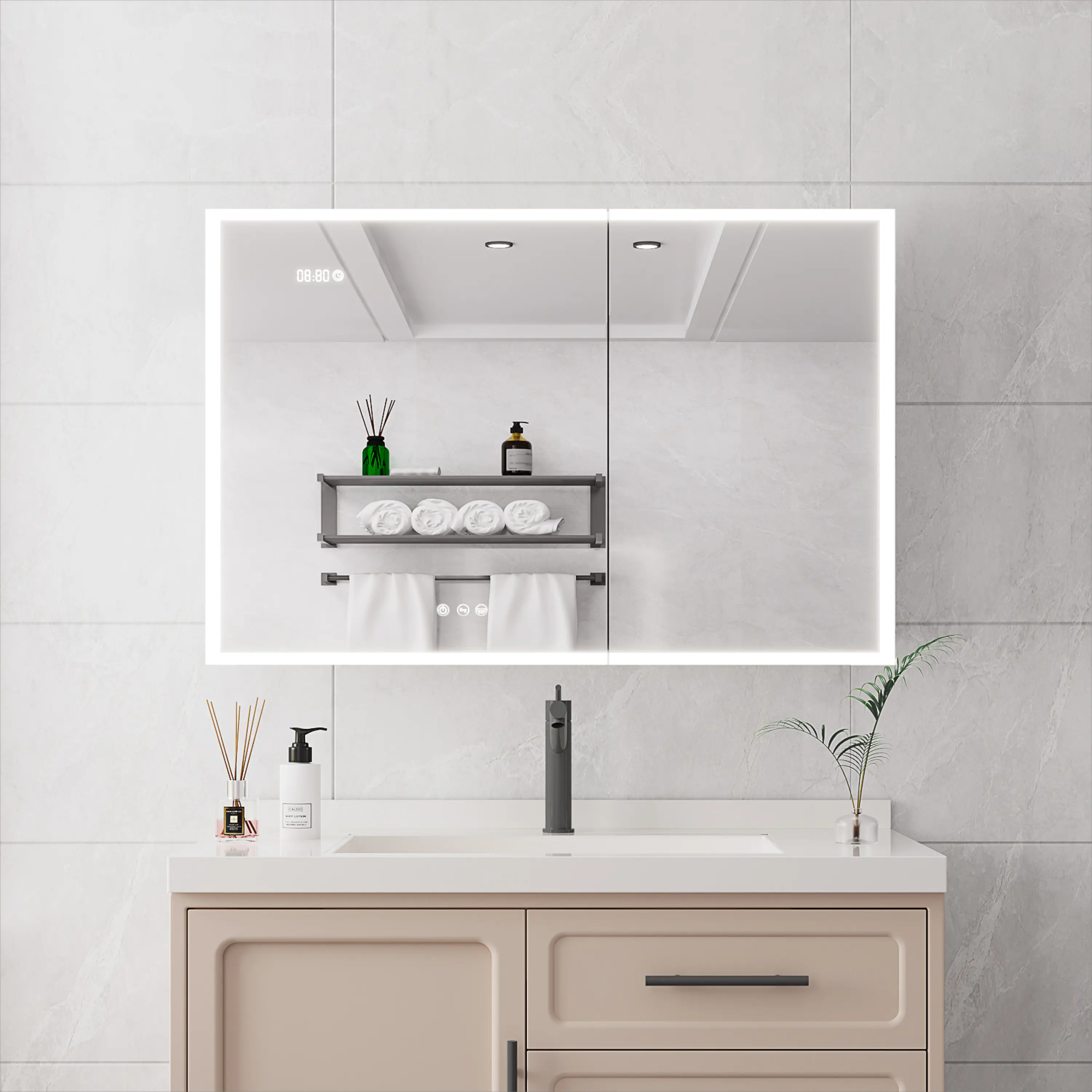 Bathroom Medicine Cabinet with Lights, 36×24 Inch LED Medicine Cabinet with Mirror, Double Door Lighted Medicine Cabinet with Defogger, Dimmer, Clock & Temp Display, 2 Outlets & USB Ports