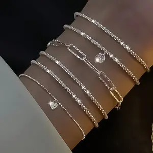 JEWELRY4U - 6Pcs 925 Sterling Silver Rhinestone Bracelets for Women Girls Luxury Korean Sparkling Starry Sky Charm Bracelets Party Jewelry