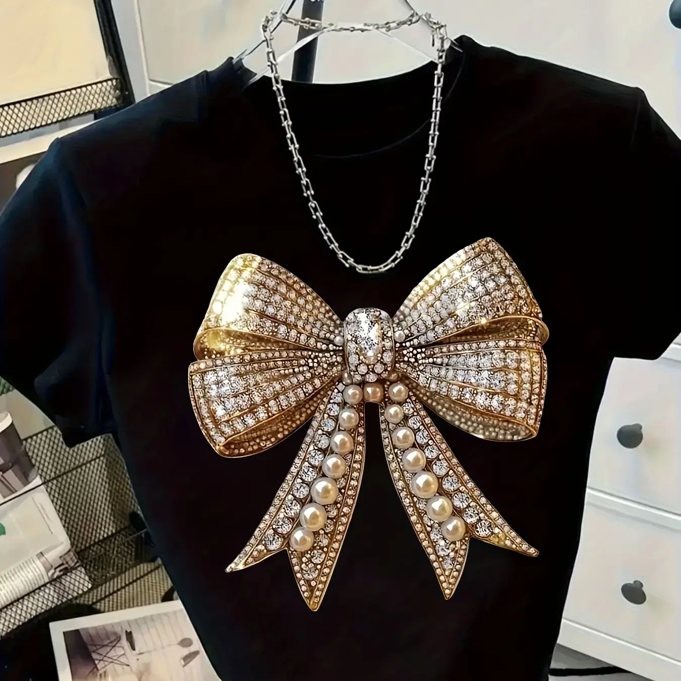 Women's Shiny Golden Bow and Crystal Decorated T-Shirt- Sparkling Rhinestone Embellished Round Neck Short Sleeve Top, Machine Washable Casual Party Wear, Suitable for Daily Wear and Special Occasions, Black and Golden Statement Piece, Features Large
