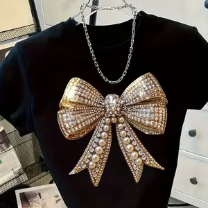 Women's Shiny Golden Bow and Crystal Decorated T-Shirt- Sparkling Rhinestone Embellished Round Neck Short Sleeve Top, Machine Washable Casual Party Wear, Suitable for Daily Wear and Special Occasions, Black and Golden Statement Piece, Features Large