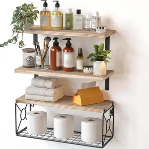 Wall Mounted Wooden Storage Rack, 1 Count 4 Layers Easy To Install Wall Mounted Shelves with Basket, Multifunctional Rack for Bathroom  Kitchen  Living Room Bookshelf Storage