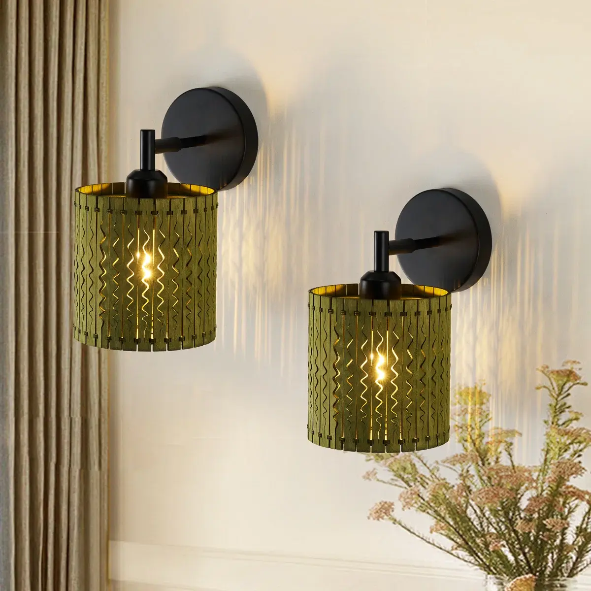 Garwarm Boho Farmhouse Wooden Armed Sconce,Modern, Elegant Green Wall Sconces for Stairs, Hallways, Bedrooms, Living Rooms, Bathrooms,Sink (Set of 2)