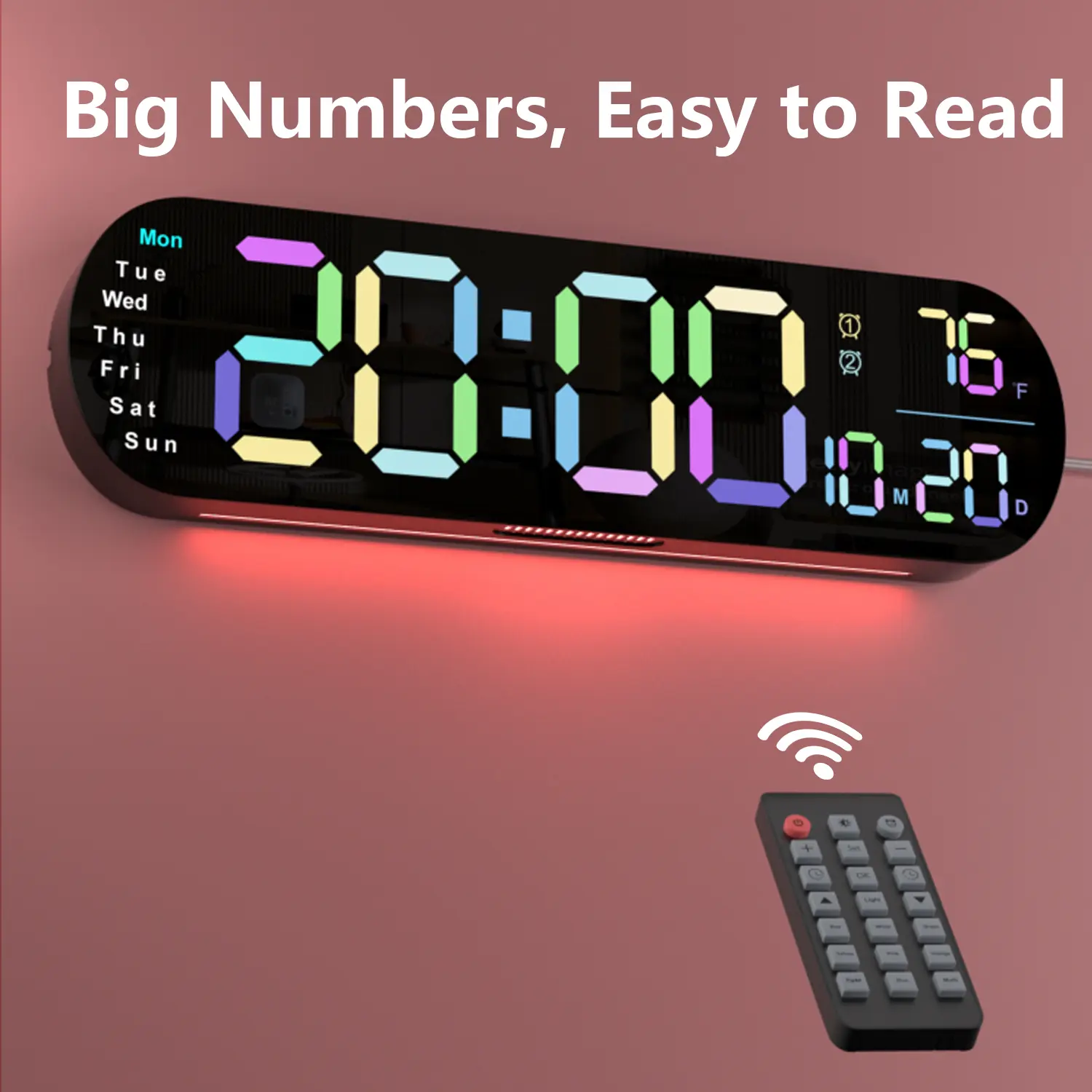 Sailstar 13.7in Large Screen Digital Wall Clock - Creative Decorative, Multifunctional Alarm Clock with Wall Mounting, USB Power, Remote, USB Port, Time, Date, Temp, Week, Countdown, 12/24H, Adjustable Brightness, Color Changing LED Lights for Living Room