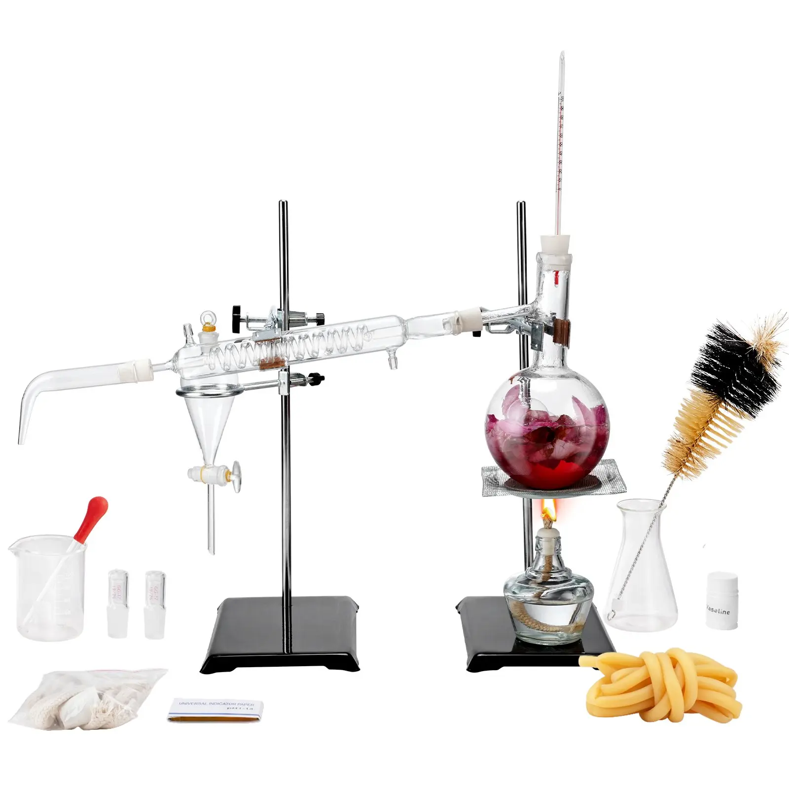 【Summerfinds】VEVOR 500ml Transparent Essential Oil Distillation Equipment Kit, 3.3 Boro Lab Glassware Apparatus with Alcohol Lamp, Ceramic Mesh, 24-40 Joints, Uniform Heating, 28 Pcs Hand Tool Set, Beakers, Built-in Brush, 18.11x12.99x9.06 Inch, Purified