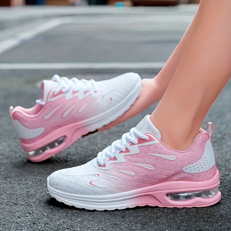Women's Ombre Sporty Sneakers, Breathable Synthetic Mesh with Air Cushion, Non-Slip Lace-Up for Casual Walking and Running, Laces, Cushioned, Fabric, Female, Cushioned Pad