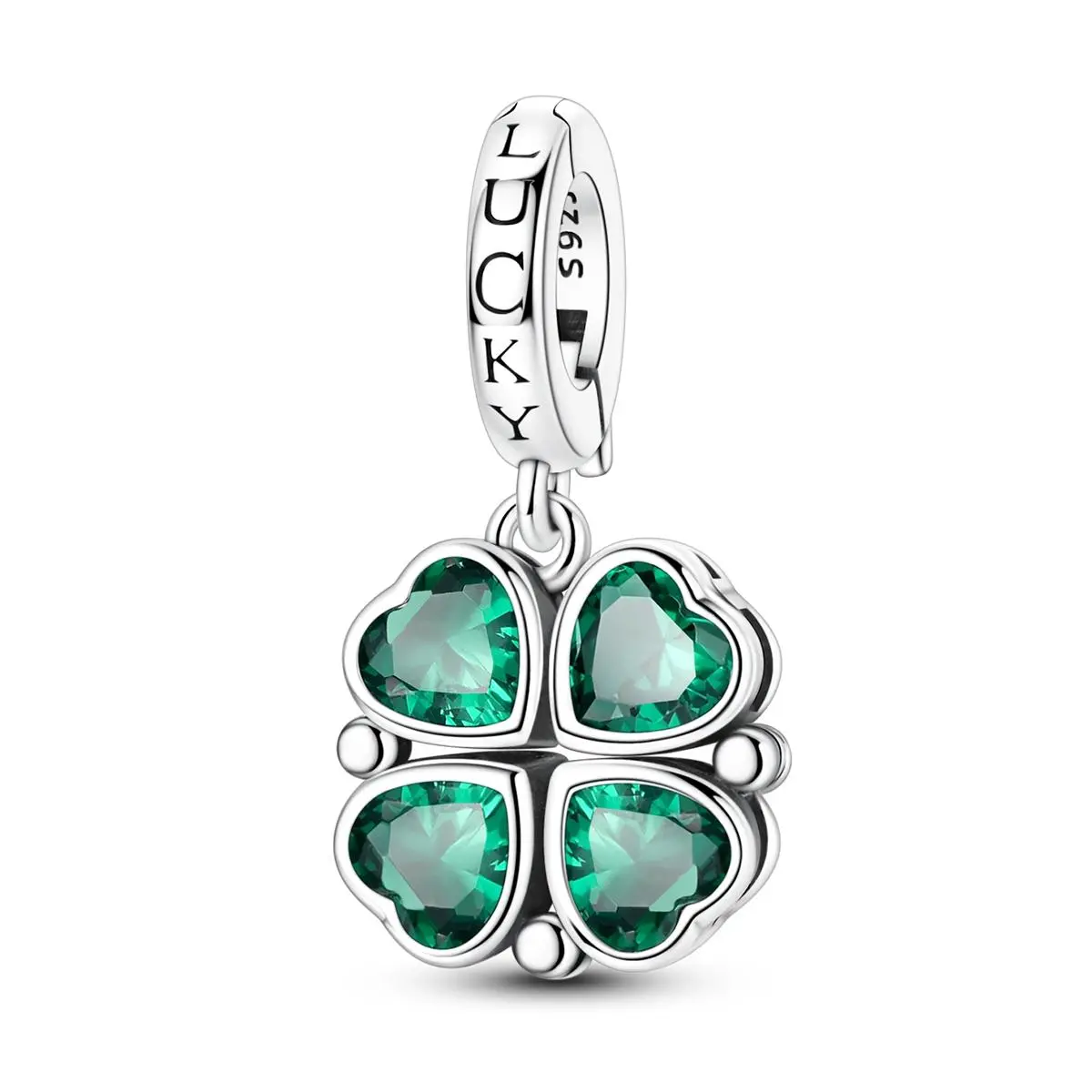 MULA 925 Sterling Silver Four-Leaf Clover Pendant for Pandora Bracelet – Emerald Heart-Shaped Cubic Zirconia Beads, Engraved with "LUCKY" – A Lucky St. Patrick's Day Jewelry Gift for Women.