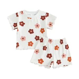 Toddler Girl Summer Outfit Flower Print Crewneck Ribbed Ruffled Short Sleeve T-Shirts Daisy Tops And Shorts 2Pcs Baby Girl Bloom Flower Set