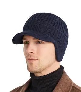 Men's Winter Visor Beanie Hat with Earflaps Knit Baseball Cap with Brim Ski Hat Warm Fleece Lined Hunting Hat