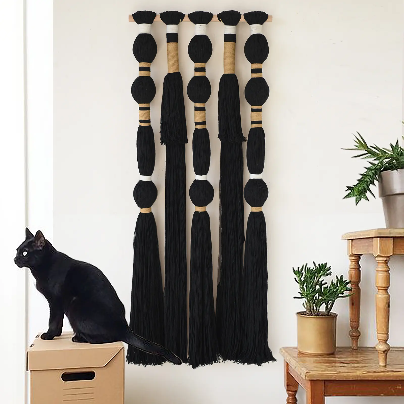 Handmade Macramé Wall Hanging Tapestry - Minimalist Bohemian Black Geometric Cotton Yarn Home Wall Decor, Artisanal Hangable Decoration with Balanced Layout, 15.7" W x 39" L, Indoor
