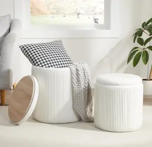 Tekinor Round Ottoman with Storage Set of 2, Vanity Stool with Storage for Bedroom, Ottoman Coffee Table,Small Velvet Foot Stool for Living Room, White