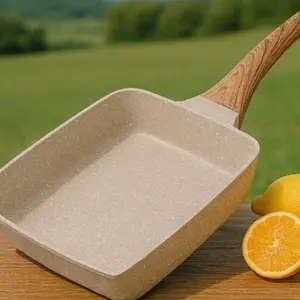 Aluminum Rectangular Non-Stick Ceramic Frying Pan with Wood-Pattern Handle Beige/Black Heat-Resistant Easy Release & Cleaning Compact Functional Cooking Pan