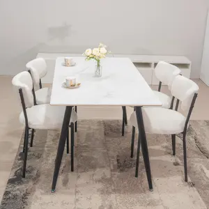 AWQM Mid-Century Modern Dining Chairs Set of 4 - White Boucle Fabric, Black Metal Legs for Kitchen & Living Room