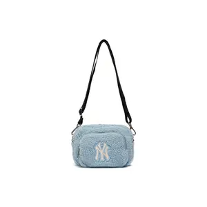 MLB Los Angeles Dodgers Logo Sherpa Collection Leather Camera Crossbody Bag For Men And Women In Light Blue
