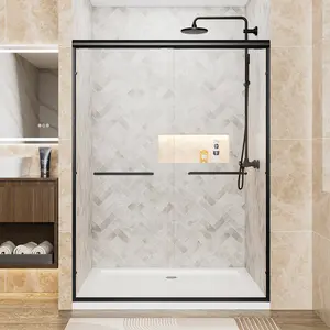 50-54" W x 72" H Double Sliding Shower Door, Matte Black Aluminum Frame, 1/4" (6mm) Clear Tempered Glass with Explosion-Proof Safety Film, Dual Stainless Steel Handles, Smooth Glide, Bypass Shower Enclosure for Bathroom