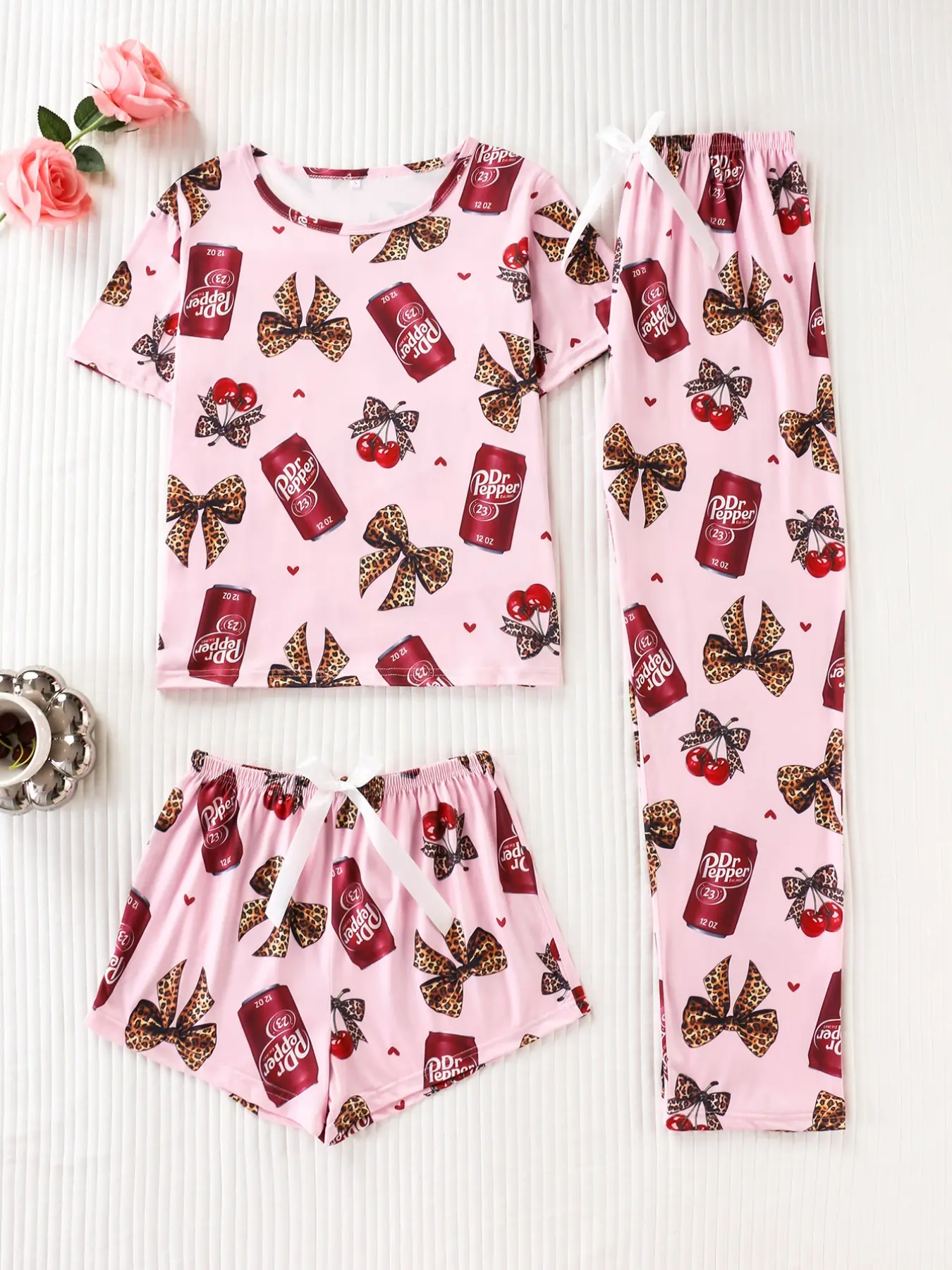 Women's Leopard Print Sleepwear Loungewear Homewear Set, Bowknot Design, Casual Fitted Pajamas Pjs, All Seasons Wear, Breathable Comfortable Nightwear, Animal Print Pajamas