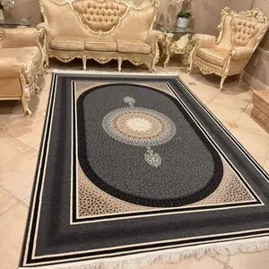 Persian Rugs - Elegant Black and Beige Design with Central Ornament and Fringe Edges for Decorative Use