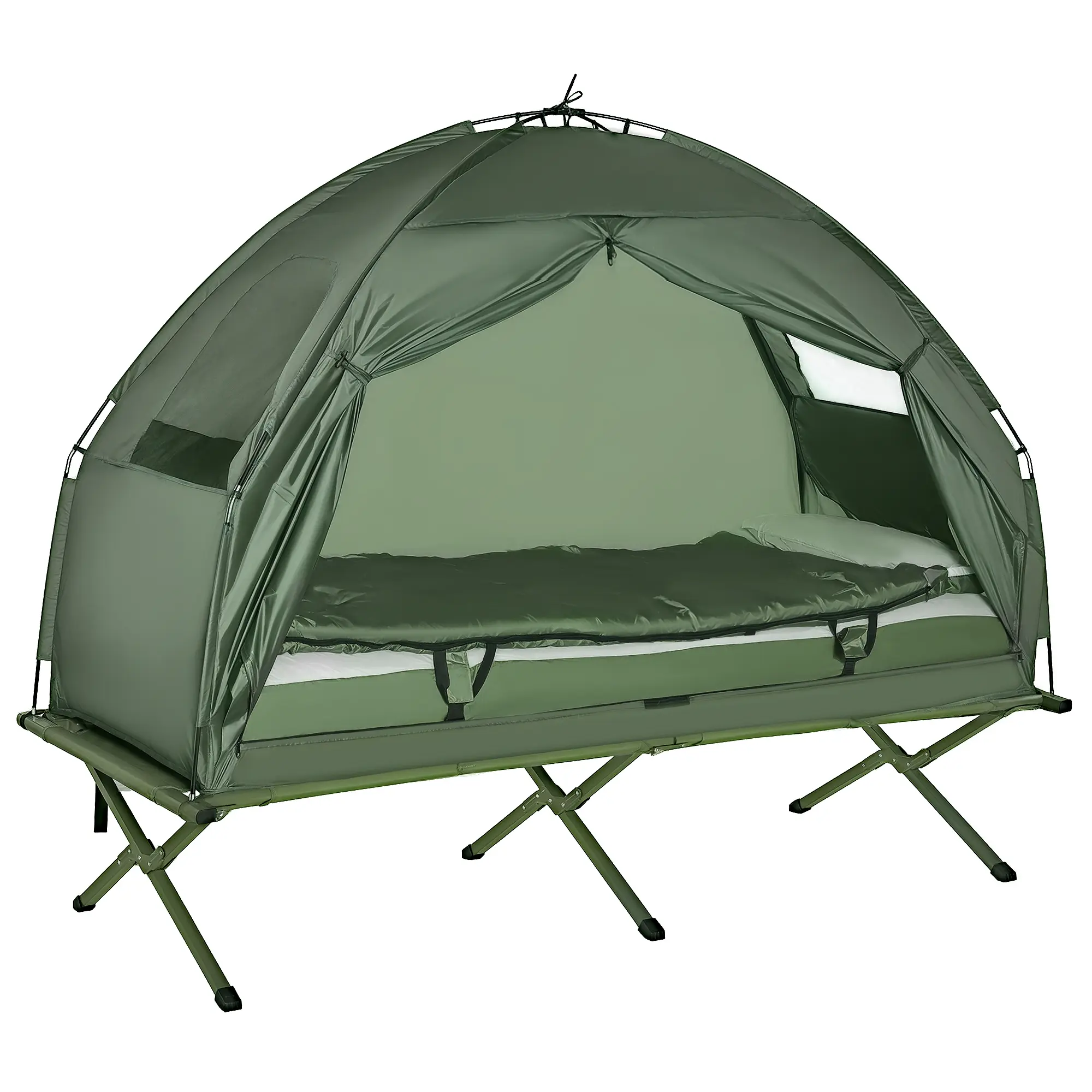 Multifunctional All-In-One Folding Camping Cot-Tent Combo for Adults, Elevated Aluminum Frame Sleeping Bed with Thick Air Mattress, Sleeping Bag, Pillow, Ft Pump & Carry Bag, Detachable for 2 Outdoor Scenarios (Hiking/Deck), 250lbs Capacity