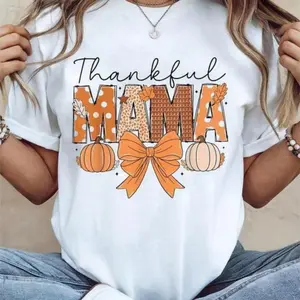 "Women’s Thanksgiving Graphic Tee – Thankful Mama Fall Pumpkin Spice Cotton T-Shirt, Casual Comfortable Trendy Top for Everyday Wear🦃🍂"