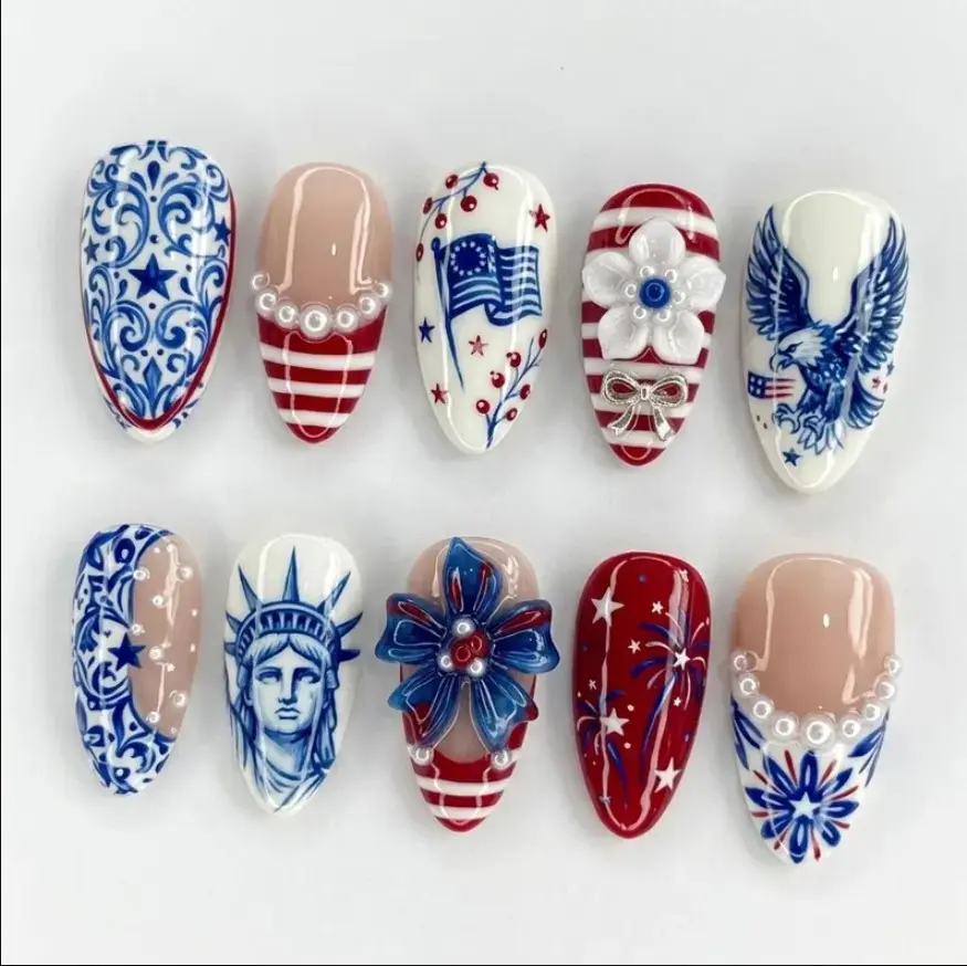 3D Flower Patriotic USA Press On False Nails Set, Red White Blue Freedom 4Th Of July Nail Art, Gif For Independent Day