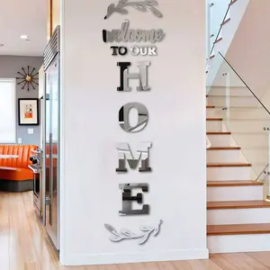 Silver Color Mirror Wall Stickers Family Letter Design, 3D Acrylic Home Decor for Living Room Bedroom Hallway, Universal Festival Decoration, Decorative Wall Sticker
