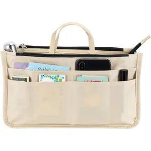 BTSKY Printing Handbag Organizers Inside Purse Insert - High Capacity 13 Pockets Bag Tote Organizer with Handle (Black)